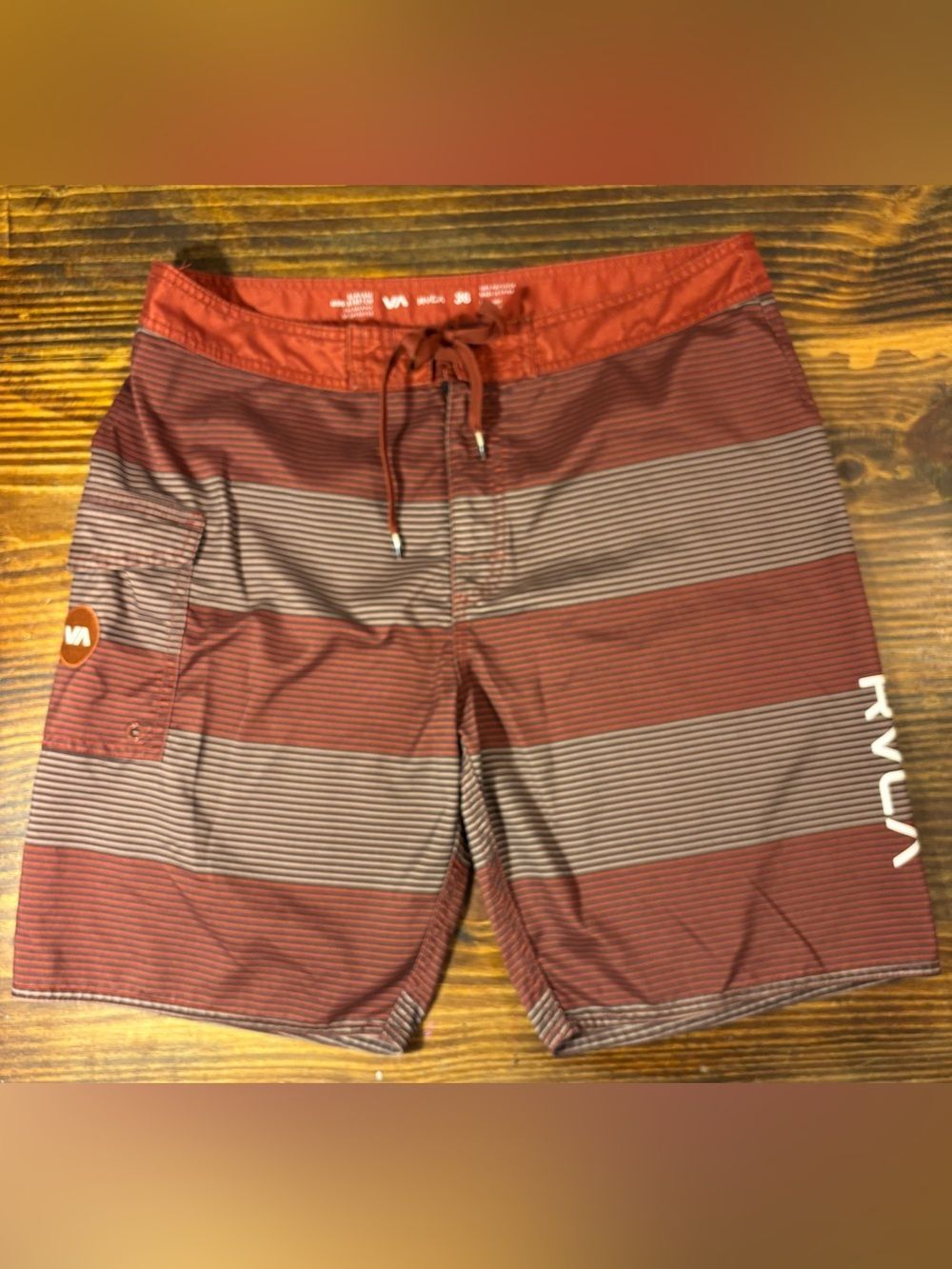 RVCA Board Shorts Mens 36 Red beige Brown Striped Surf Swim Trunks Stretch 20”